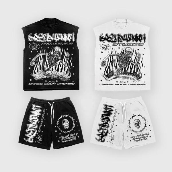 Support Customized Logo Sun Faded Acid Wash Vintage Sleeveless T shirt and Shorts Set