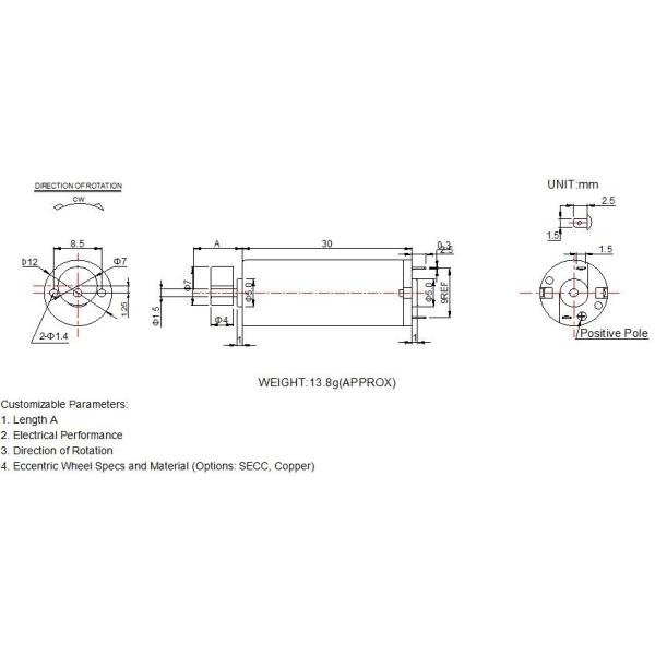High Efficiency DC Vibration Motor 12mm Diameter RF-1230CA-Z With Brass Vibrator
