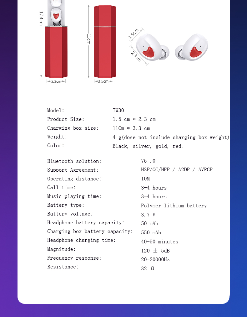 Звука шлемофона Earbuds В-уха Bluetooth 5,0 наушников TW30 уменьшение шума мини диотического HiFi стерео аудио хэндс-фри