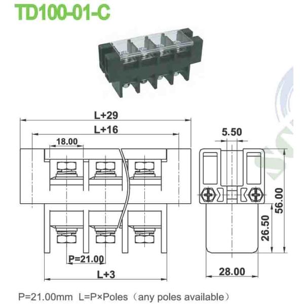101A 21.0mm PBT Perforation 600V Feed Through Terminal Block With Plastic Cover