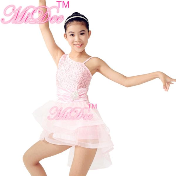 Girls Ballet Costume Front Shorter Back Longer Tulle Skirt Outfit With Rhinestones Trim
