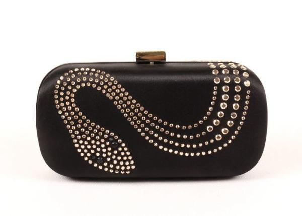 Luxury Black Satin Clutch Bag Hard Case And Snake Rivet Design