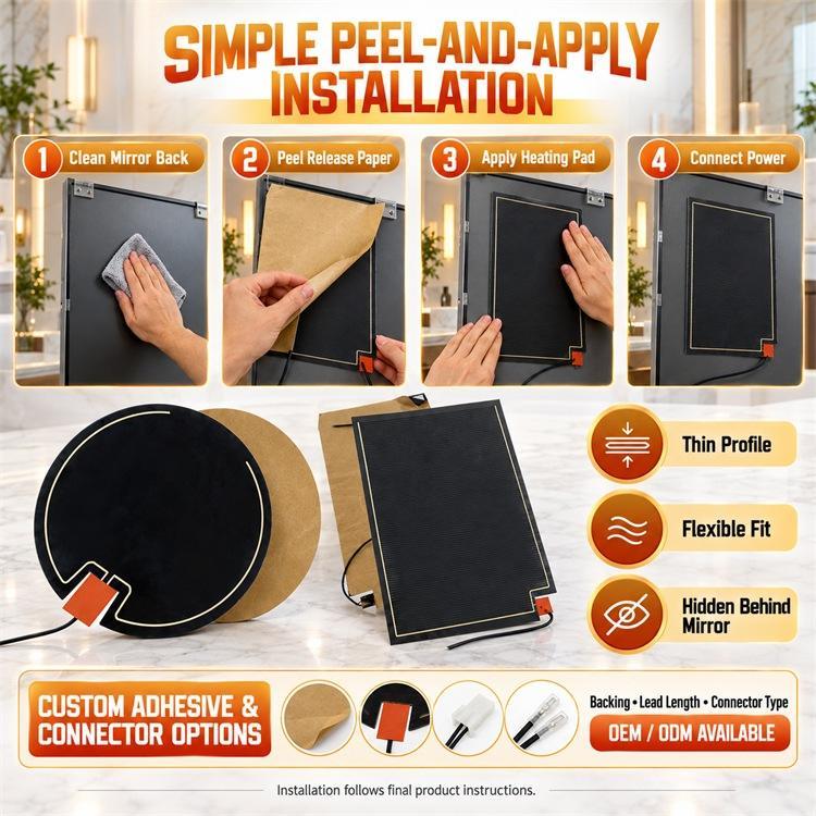 Graphene Mirror Defogger Heating Pad, Custom Shape Size Voltage, Moisture-Resistant Flexible Film for Bathroom Mirrors