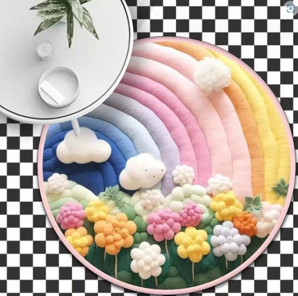 Arco-íris circular Tapete do quarto infantil Efeito 3D Cartoon Nuvem Decorado Tapete