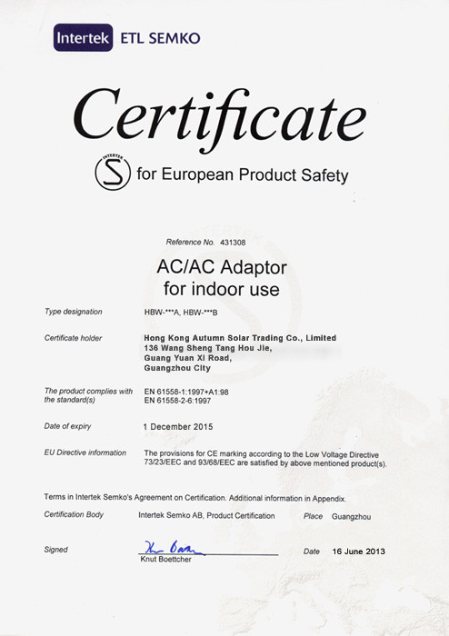 HONG KONG AUTUMN SOLAR TRADING CO., LIMITED Certifications