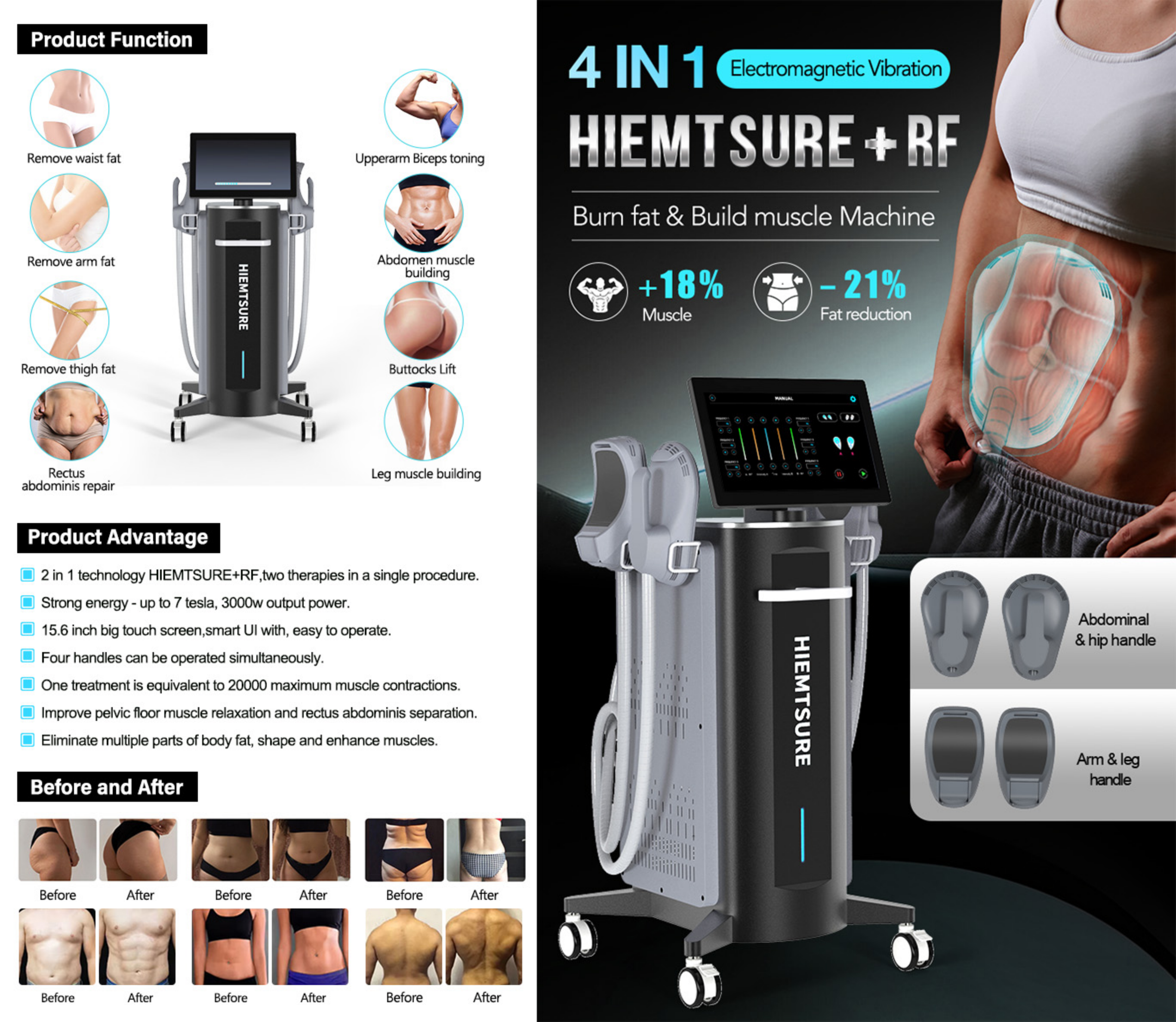 GOMECY 4 Handles HIEMT RF Muscle Toning Machine for Abdomen Waist Glutes Arms and Legs Body Shaping