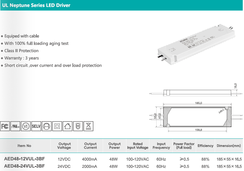 Letaron Short Circuit Protected 48W UL LED Driver for Bathroom Mirror & Cabinet Lights