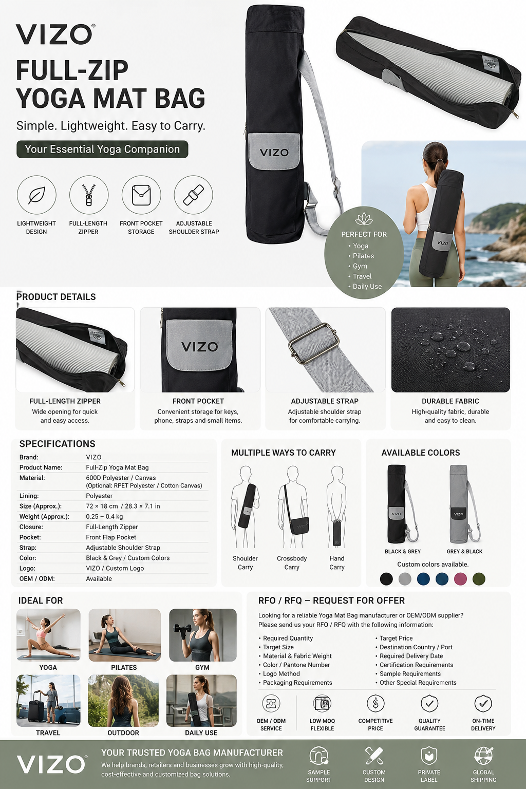 VIZO Full-Zip Yoga Mat Bag with Adjustable Shoulder Strap & Front Pocket, Lightweight Yoga Mat Carrier for Women and Men, Pilates, Gym & Travel