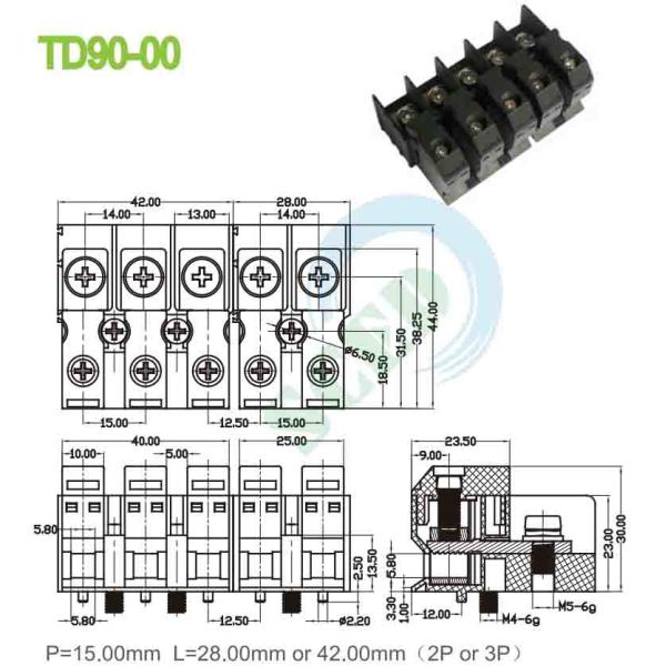 Feed Through 90A 600V PA66 M5 Perforation Terminal Block 15.00mm 4-20 AWG