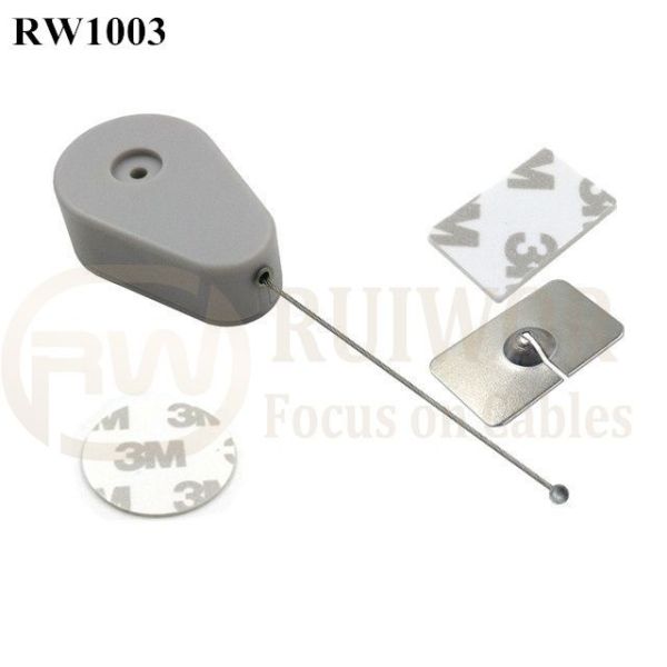 RW1003 Drop-Shaped Retractable Security Tether With Steel Wire Plus Rectangular Adhesive Metal Plate For Retail Products Display