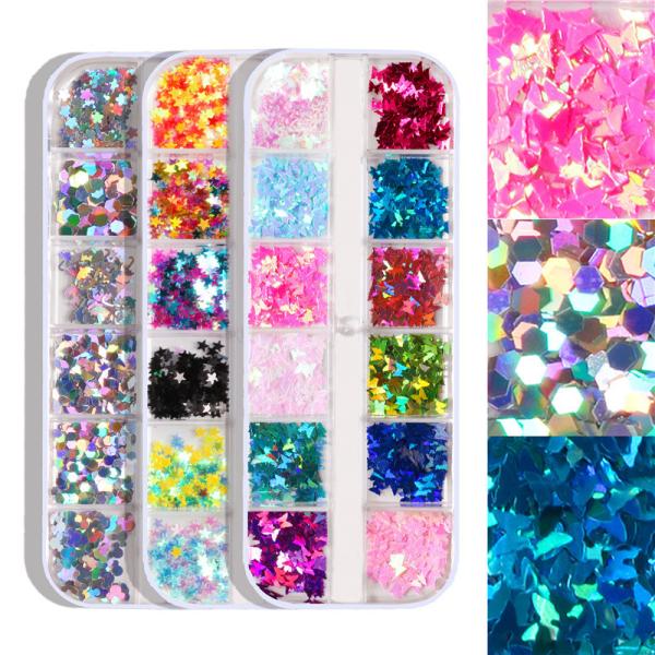 12 Grids Star Geometric Butterfly Nail Art Stickers Glitter Flakes Nail Art Sequins Paillette Confetti Holographic Laser Shining