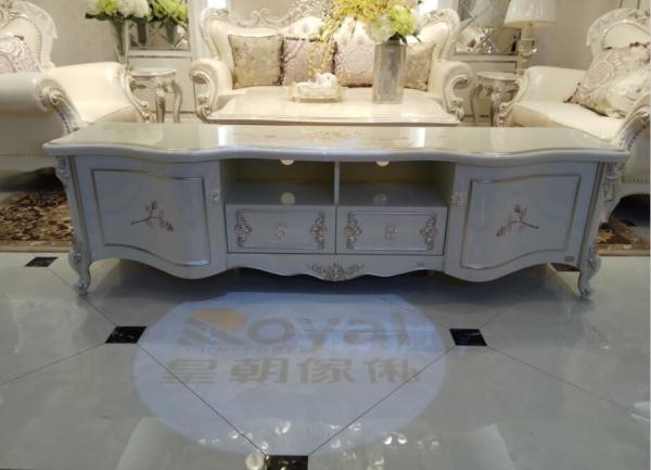 2000mm Classic French Furniture White TV Cabinet Beautiful Rose Carve Pattern