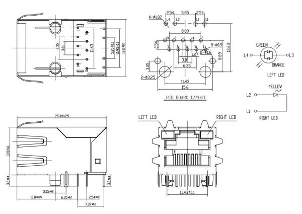 1 Port RJ45 Connector With Led Tab Up Config 120 - 150V AC Voltage Rating