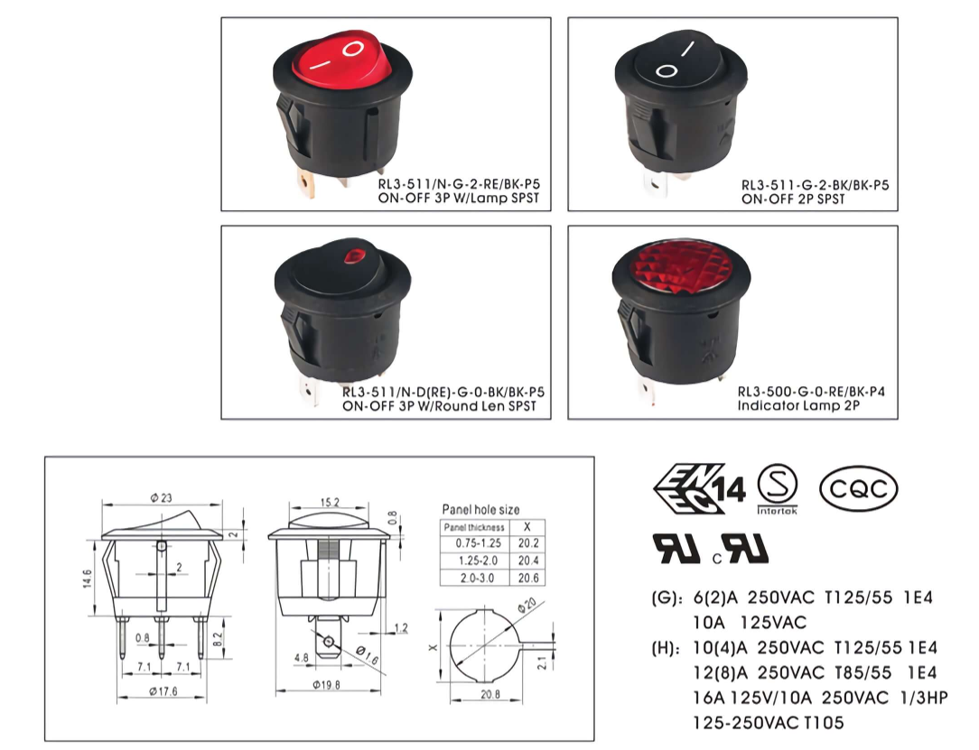 Rl3 Series Illuminated 3Pin On Off Red Black Pvc Cap Rocker Switch UL CQC Certified