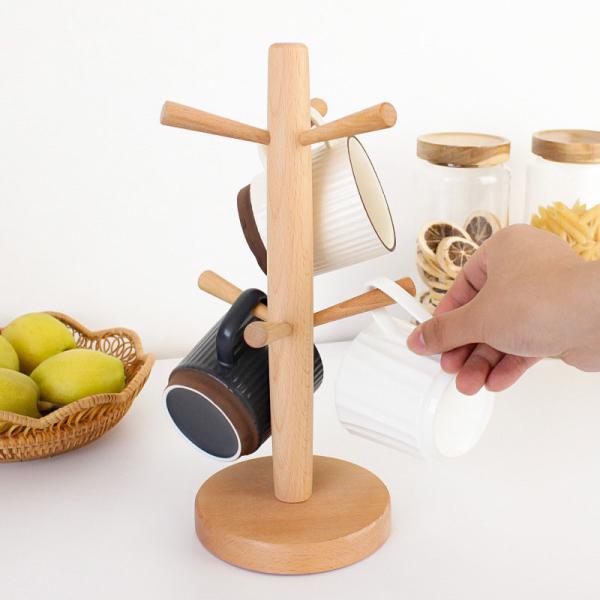 Wooden Bulk Kitchen Supplies Coffee Mug Rack Countertop Tree With 6 Hooks