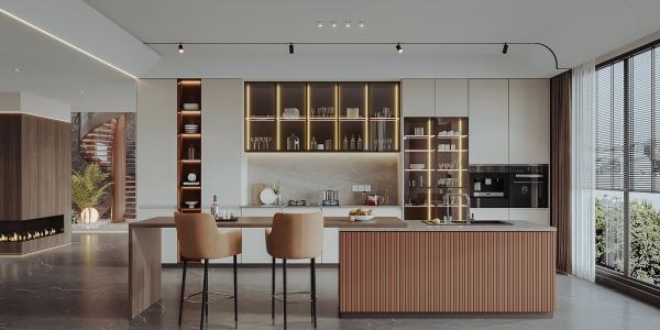 Cozinhas completas Cascata Mdf Madeira contraplacada Armário de madeira contemporâneo