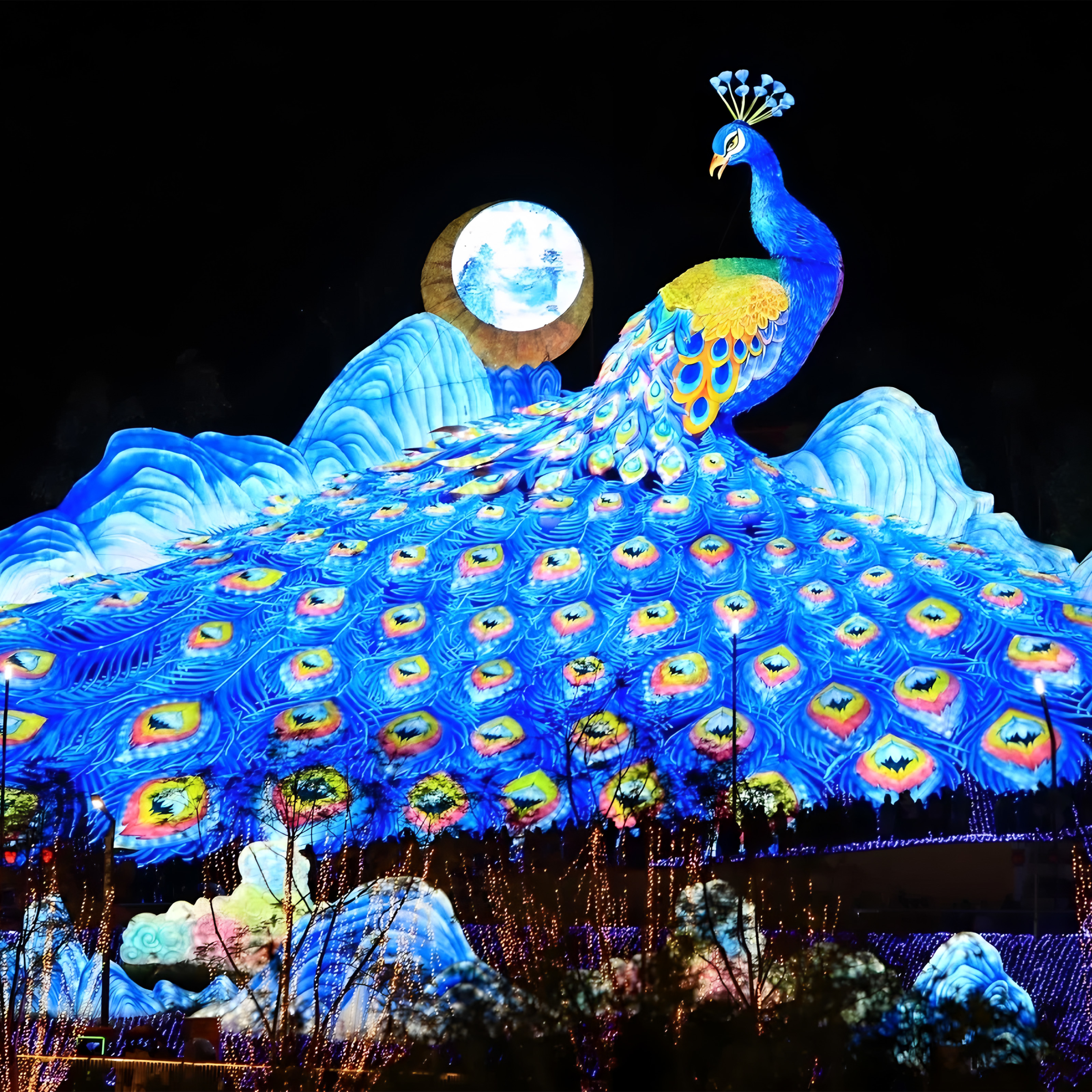 Custom Giant Peacock Zigong Lantern, Large Peacock Spreading Tail Silk Light Sculpture with Mountain & Moon Backdrop, Waterproof Outdoor Festival Light Exhibition
