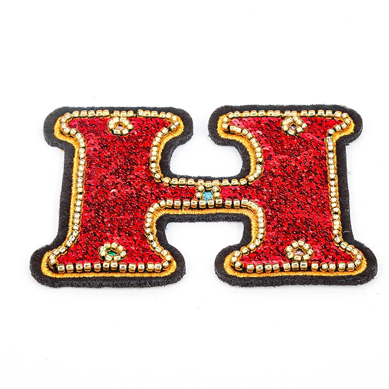 Custom Size Luxury Red Sequin Bead Diamond Embroidered Letter Patch Exquisite PU Rubber Letter Patch H