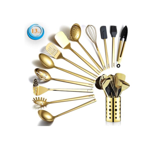 Gold Stainless Steel Spatula Set CU Approved Multiusage Titanium Plating