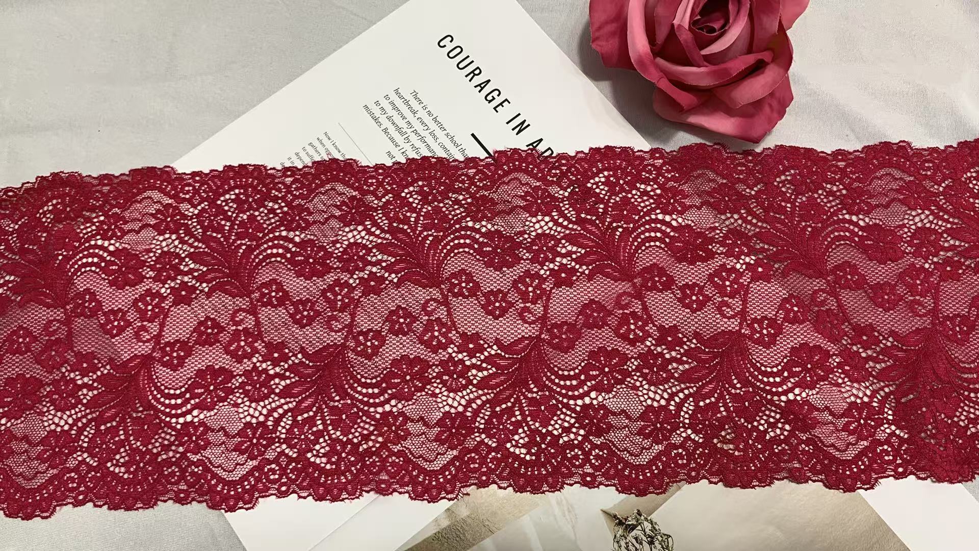 A1Z021 Burgundy Floral Stretch Lace Trim, Double Scalloped Vintage Nylon/Spandex Lace Ribbon for Lingerie Wedding Dress Nightgown Decoration