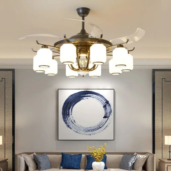 Luxury Ceiling Fan Light Remote LED Electric Fan Light with glass lampshade metal Stealth Fan Light (WH-VLL-28)