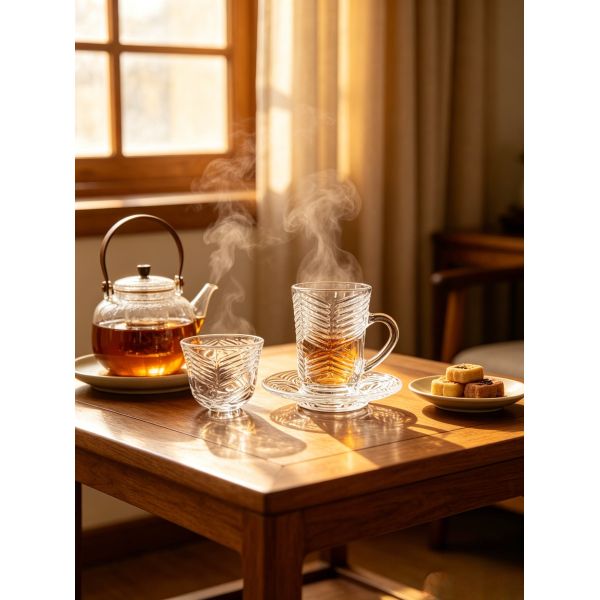Sustainable Chevron Textured Glass Tea Serving Set 12pcs Turkish Cups 12pcs Saucers 12pcs Cawa Cups