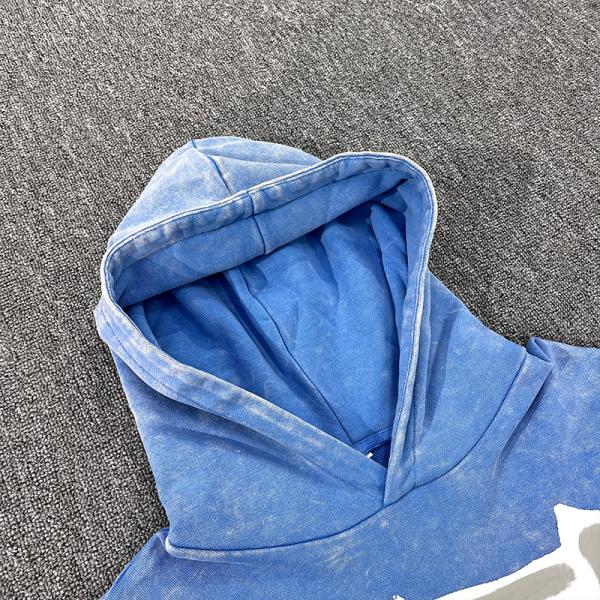 Logotipo personalizado Retro Francés Terry Azul con capucha de aflicción lavado con ácido suéter vintage ropa callejera de moda con capucha