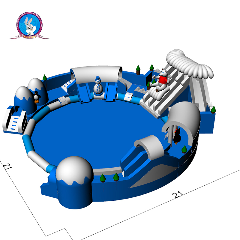 Custom Winter Theme Inflatable Land Water Park with Round Splash Pool Polar Bear Slide Igloo Tunnel and Snowman Decoration Outdoor Rental Project