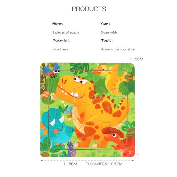 9pcs Toddler Great Gift Children Preschool Colorful Dinosaur Animals Wooden Jigsaw Puzzles