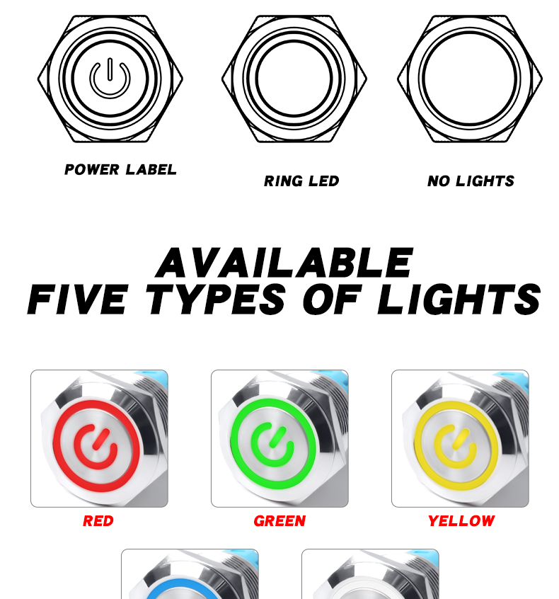 19mm Metal Push Button Switch 1NO1NC Shell Waterproof Momentary Latching Button Switch High/Flat Head Ring-LED