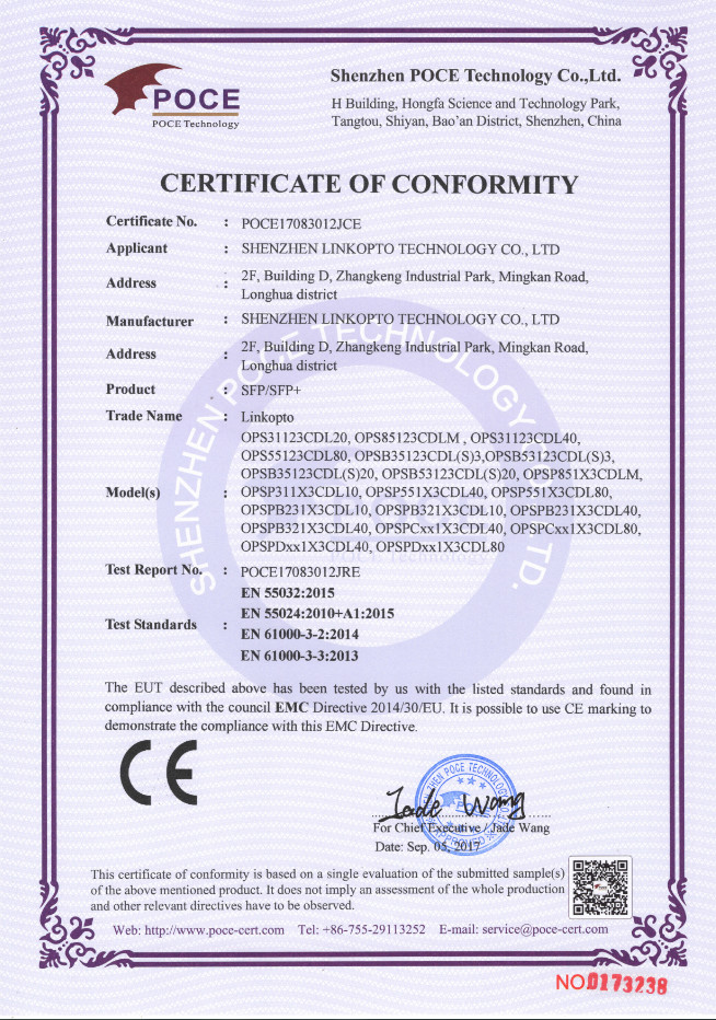 Shenzhen linkopto Technology Co. Ltd Сертификации