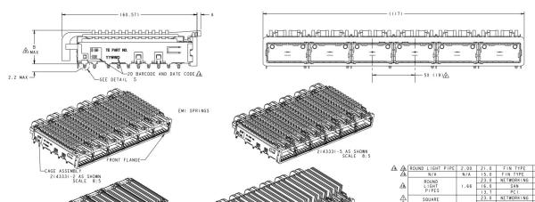 2143331-4 QSFP+ Cage Ganged (1 x 6) com conector do dissipador de calor Incluído Lightpipe 14 Gb/s