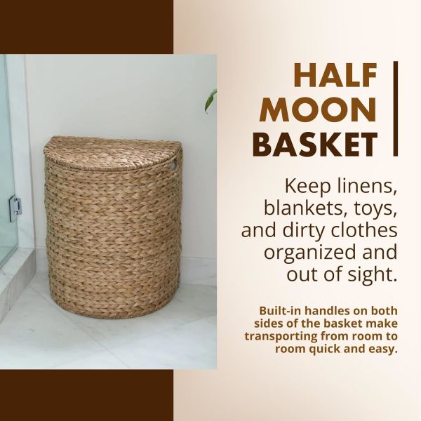 Wicker Waste Basket - Water Hyacinth Bathroom Garbage Can With A Lid - Bathroom Trash Can Boho Style - Wicker Trash Can With Lid For Household, Kitchen - Removable Liner, Iron Frame