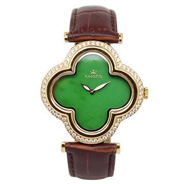Flower Shape Jade Watch Stainless Steel Case With Diamond On Bezel