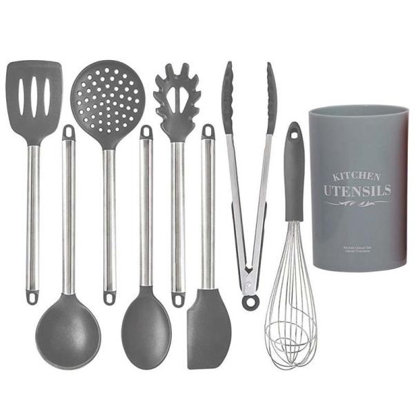 utensílios de cozimento do silicone 9Pcs com punho de aço inoxidável