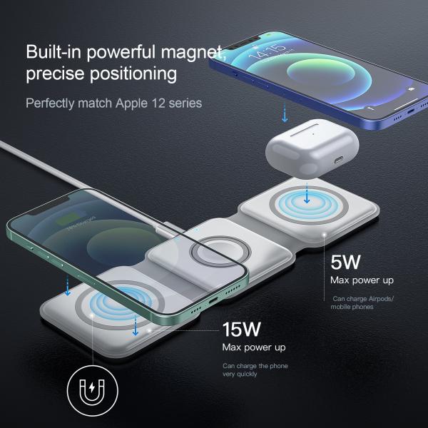 Foldable Magnetic Wireless Phone Charger Stand 3in1 15W For Watch And Earphone