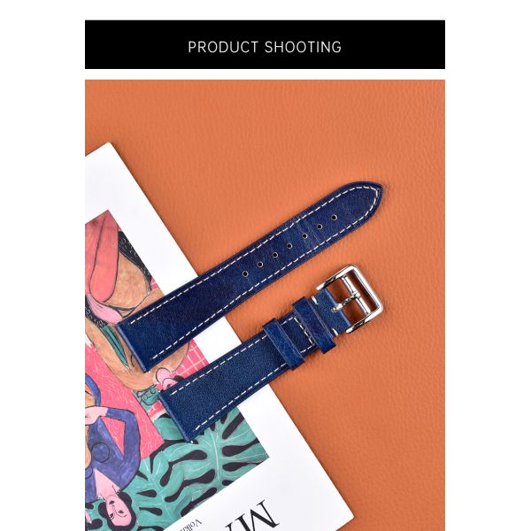 Western Cowboy Blue Full-grain Textured Leather Strap With Stainless Steel Buckle
