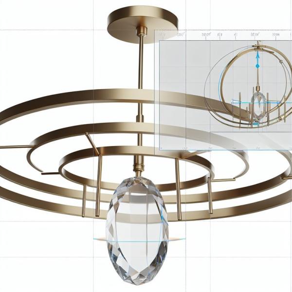 Adjustable Height Modern Brass Circular Chandelier with Oval Crystal Pendant