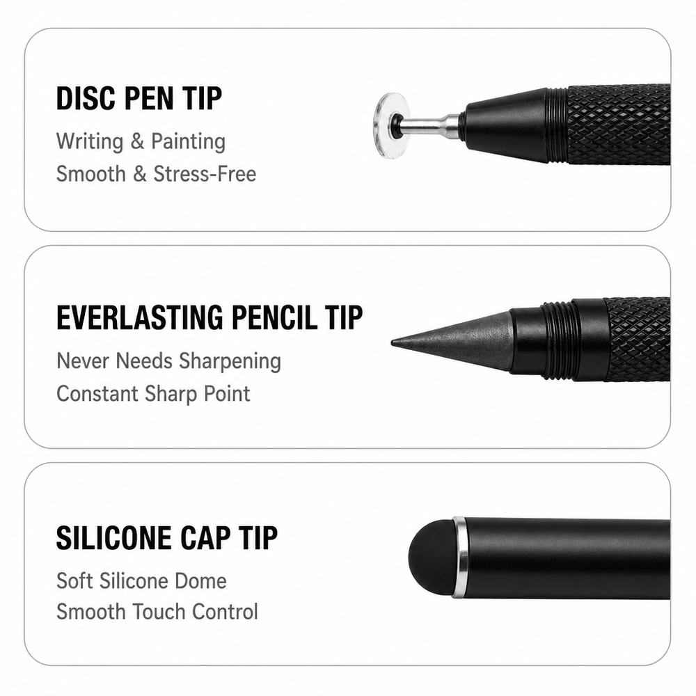 Dual Head Stylus Pencil 143mm 9mm Matte Black Capacitive Pen with Detachable Cap, Everlasting Graphite Tip for Notes and Drawing