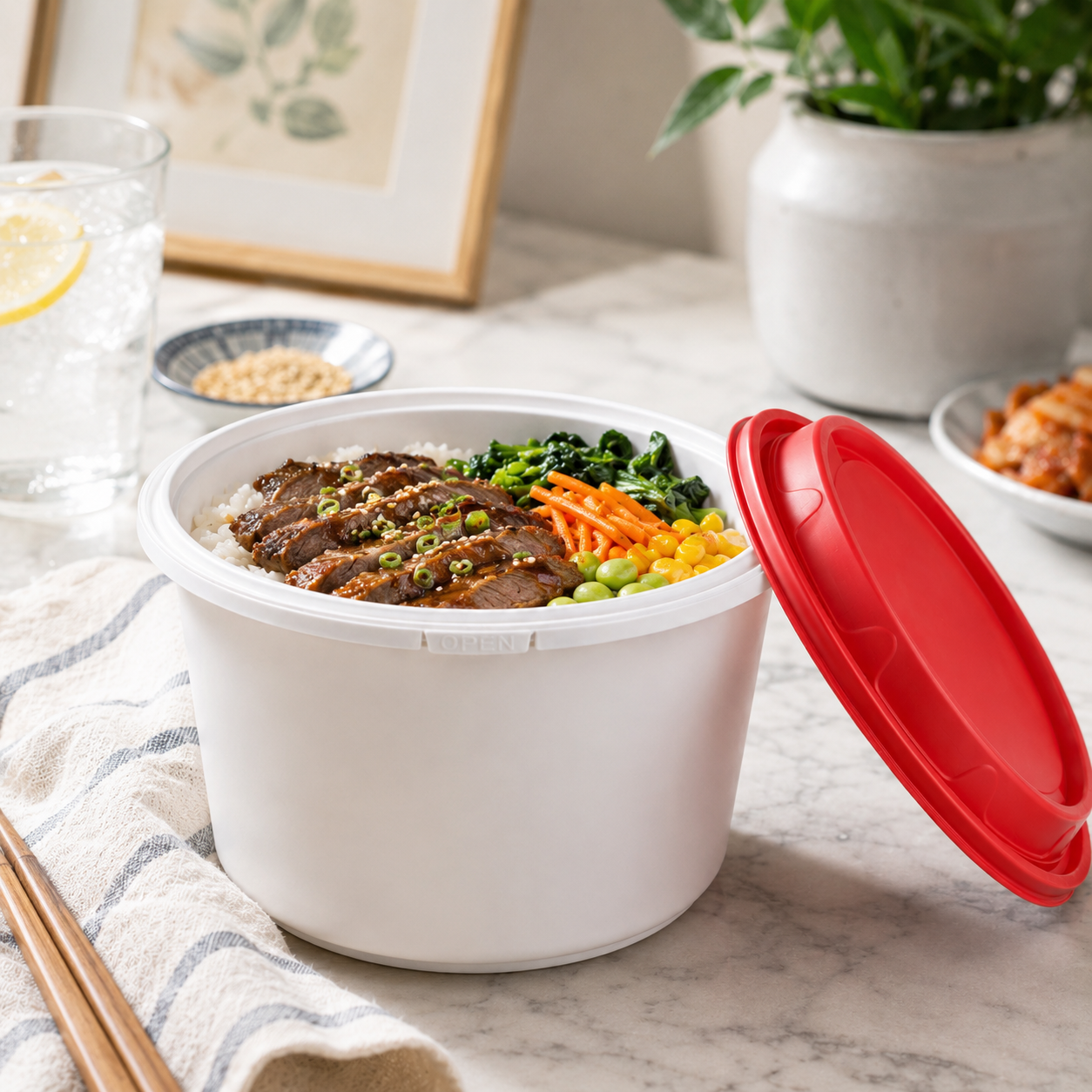 Deep Round PP Snap Lock Bowls 1100ml with Tamper Evident Red Lid