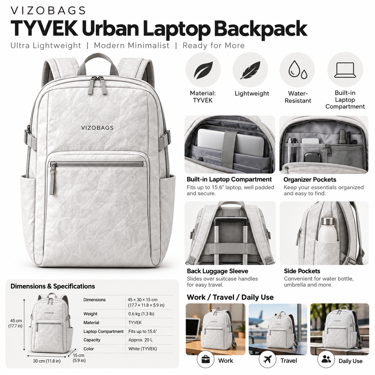 Custom Tyvek Backpack Supplier – Lightweight Travel Laptop Backpack with Front Pocket for OEM ODM Bulk Orders