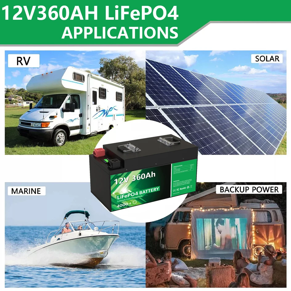 12V 360Ah 280AH LiFePO4 Battery Pack 12.8V 4608Wh Rechargeable RV Car Battery 4000+ Deep Cycles