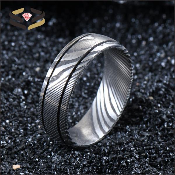 Bague Homme Noire en Acier Damas 8mm Double Rainure pour Fiançailles Mariage
