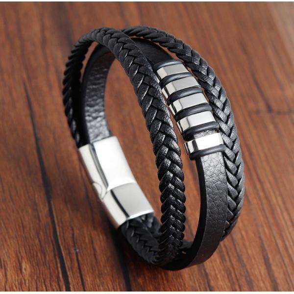 European Market Bestseller Weave Leather Bracelet with Silver Plated Stainless Steel