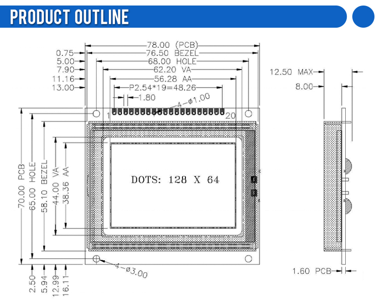 Yellow Green Film LCM12864C-3 78X70MM 128X64 20PIN Parallel Port Controller SBN0064 Monochrome Screen