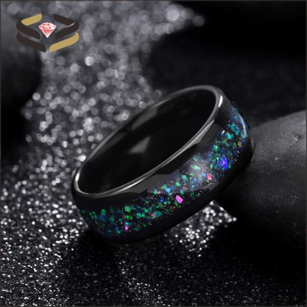 L'anneau de mariage en carbure de tungstène noir à dôme pour homme 8 mm avec incrustation d'opale Galaxy