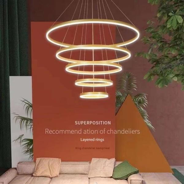 Luz de anillo redondo LED de aluminio de cáscara de oro 5 anillos luz de techo colgante para hotel villa