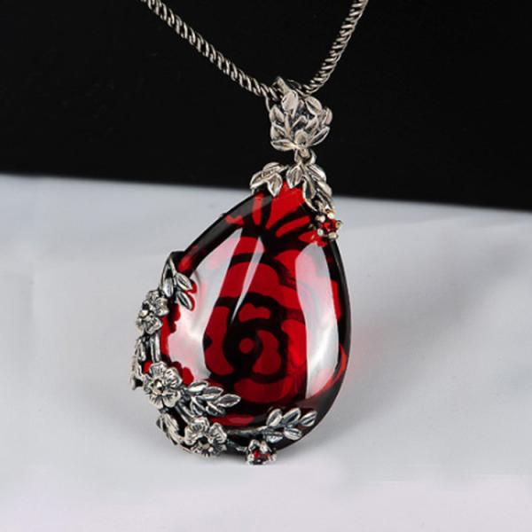 Vintage Jewelry 925 Silver Marcasite Drop Created Garnet Pendant Necklace 18 Inches(LN001RED)