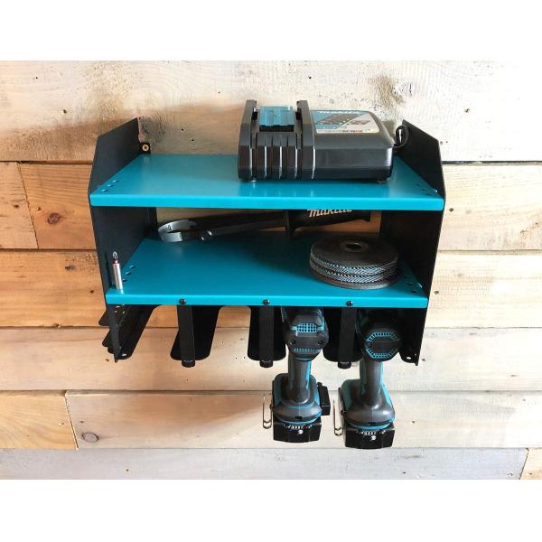 Organizador de herramientas de garaje de estilo vintage con almacenamiento y carga montado en la pared