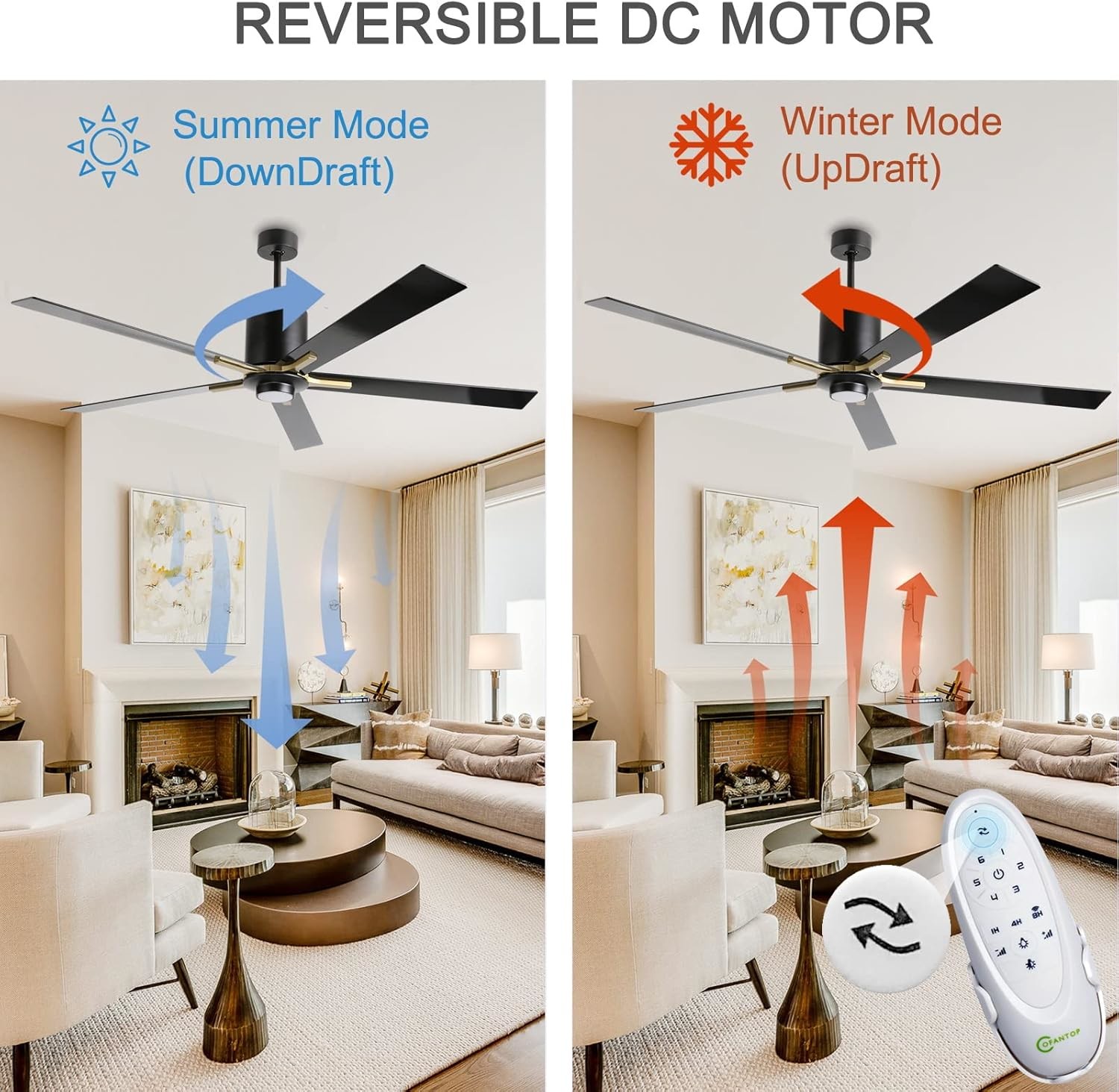 White DC Motor Quiet Blade Ceiling Fan Light 72 Inches With 3 Color Changing Speeds